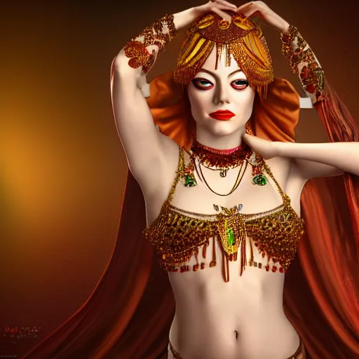 Image similar to a photorealistic portrait of actress emma stone dressed as a belly dancer, arabian night, volumetric lightening, octane render, high quality, fully detailed, 4 k, in focus sharp face with fine details, realistic hands and anatomical composition, inspired by belly dancer on youtube, alphonse mucha, masterpiece, stunning