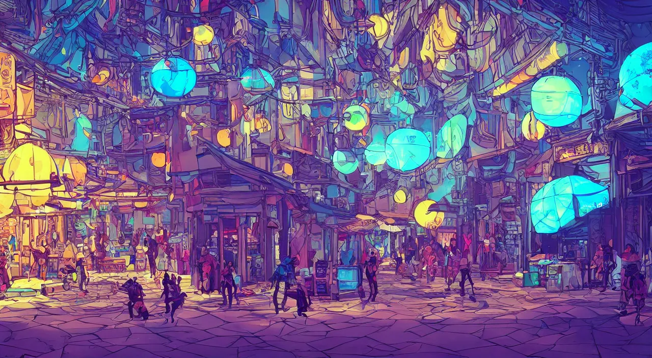 Image similar to bazaar zouk oriantal full color sky shine place mosquet painting stylized cutout vector digital illustration video game icon global illumination ray tracing that looks like it is from borderlands and by feng zhu and loish and laurie greasley, victo ngai, andreas rocha, john harris