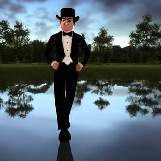 Image similar to a wolf as a gentleman wearing tuxedo on the pixar biome, smooth, intricate reflections, cinematic