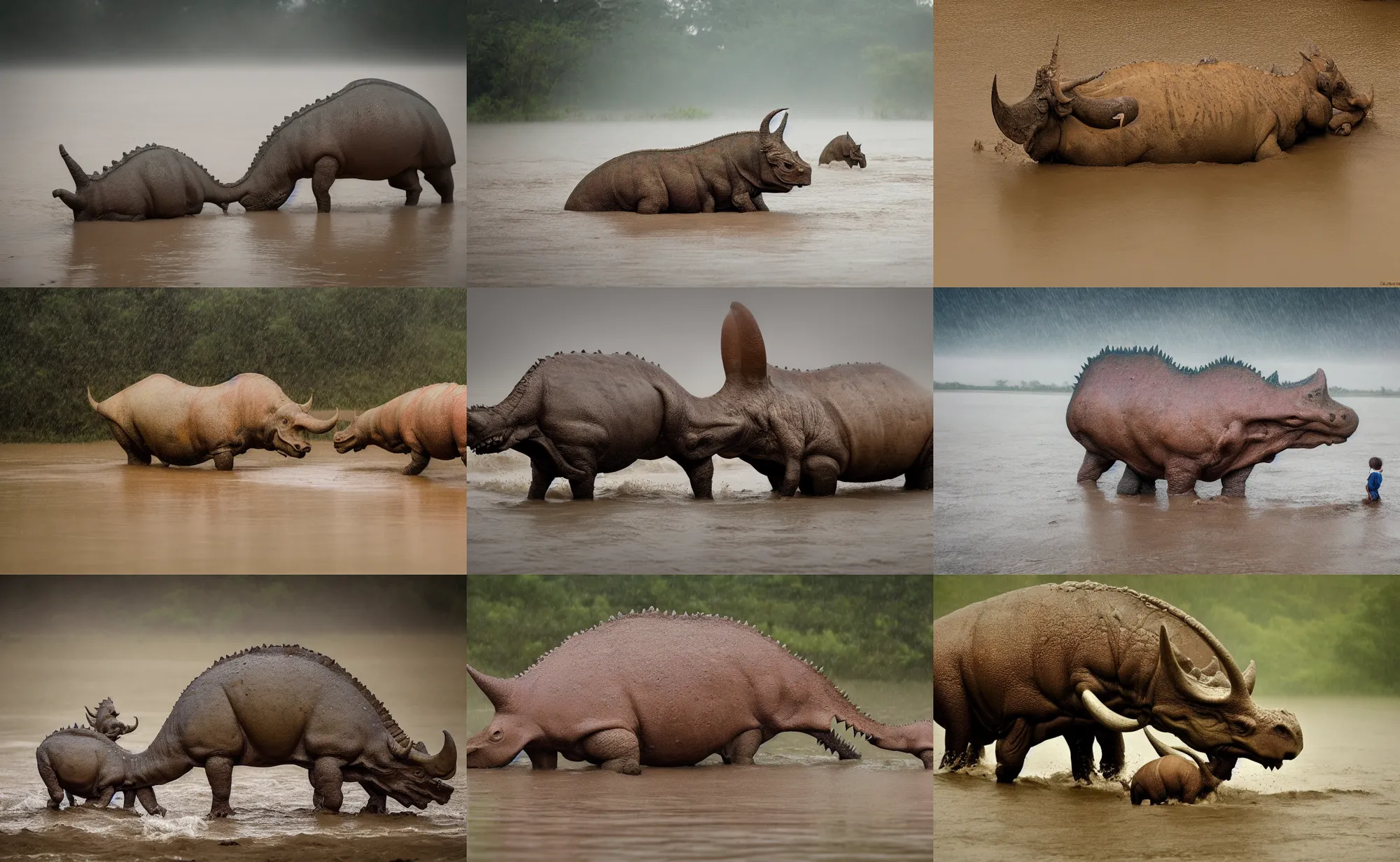Image similar to nature photography of a rain soaked triceratops and her baby in flood waters, african savannah, rainfall, muddy embankment, fog, digital photograph, award winning, 5 0 mm, telephoto lens, national geographic, large eyes