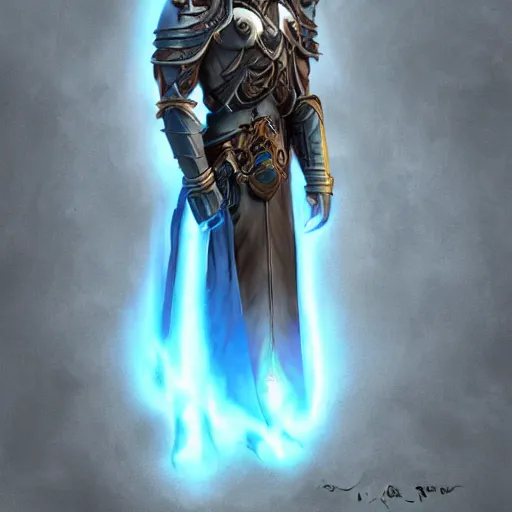 Image similar to Concept art of male high elf with light blue hair, black leather armor, golden eagle skull on chest, by Naranbaatar Ganbold, trending on artstation