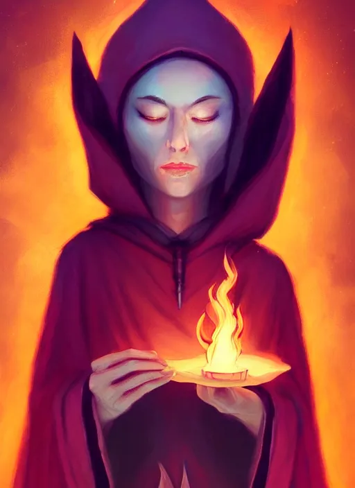 Image similar to ( a priestess with a hood that covers half her face carries an incense burner that emits a pleasantly colored flame. ) by anato finnstark, dream, full body portrait, dynamic lighting, beautiful, trending on artstation, wallpaper, 4 k, award winning, digital art, very detailed faces