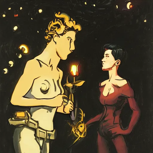 Prompt: short-haired heroic stoic handsome blonde butch tomboy woman engineer standing beside dark fae feathered gothic Jennifer Connelly in garden at night, in love, Mike Mignola, trending on art station, oil painting