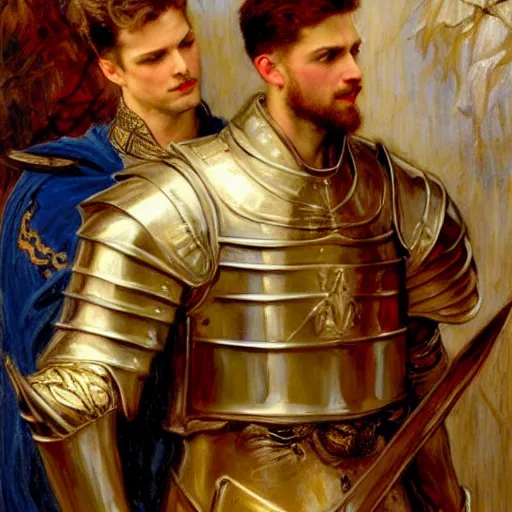 Image similar to attractive fully clothed arthur pendragon confesses his love for his attractive fully clothed male knight. highly detailed painting by gaston bussiere and j. c. leyendecker 8 k