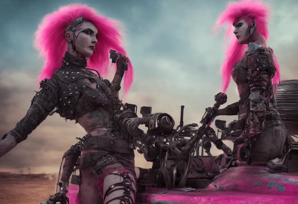 Image similar to beautiful apocalyptic woman with pink Mohawk, posing on mad max panzer tank, 4k ultra hd, fantasy dark art, artstation, octane render