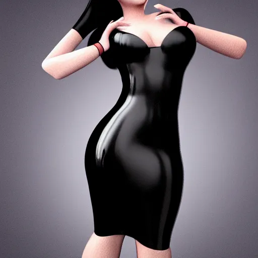 Image similar to a curvy pale hot young goth woman wearing an elegant modest tight shiny two-toned striped latex high-neck dress, cgsociety, photorealistic, sublime-cool-hyperadvanced-dark-amorous ambience, 16k, smooth, sharp focus, trending on ArtStation, volumetric lighting, fully clothed, thin waist