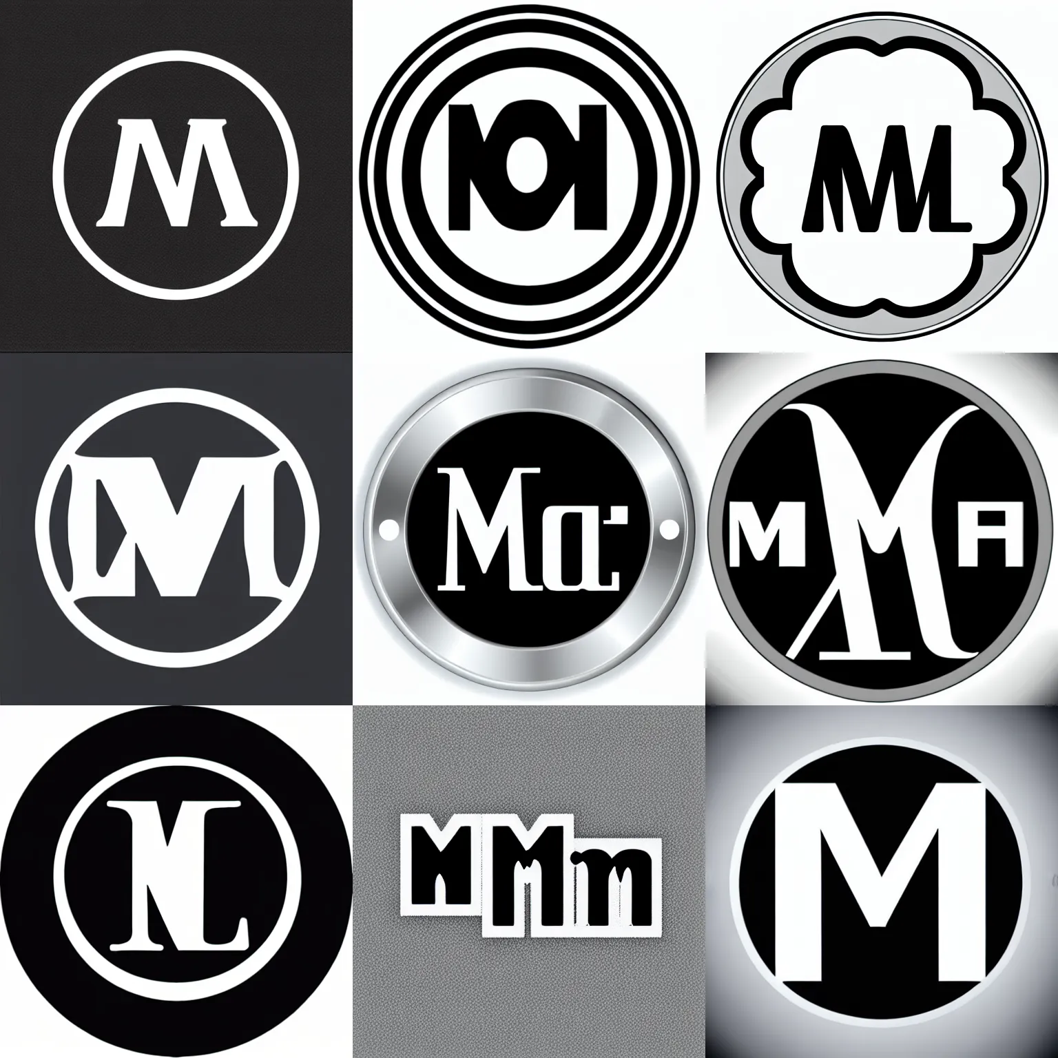 Prompt: a vector logo with a silver circle, using the letters m and l. black background