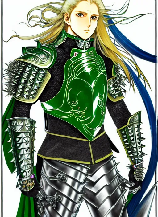 Image similar to a detailed manga full body portrait illustration of a man with long blonde hair and blue eyes wearing evil green spiked armour by hirohiko araki and alphonse mucha, detailed artwork, realism, 4 k resolution, detailed, high quality, sharp focus, hq artwork, insane detail, volumetric lighting, character concept art, fine details, clear subject, central subject