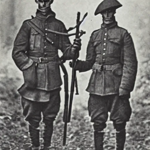 Image similar to close up of creepy occultist soldiers, ww 1 photograph, photoreal