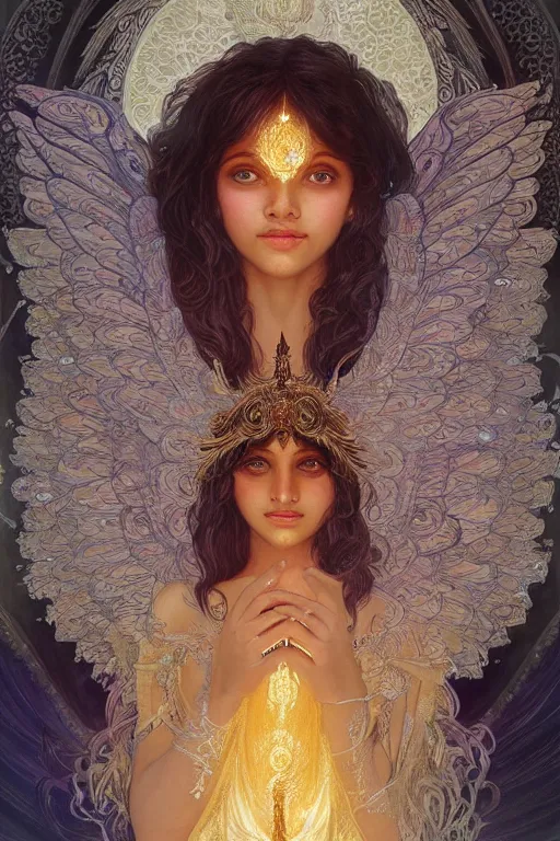 Image similar to Sri lankan girl as a winged angel covered in eyes with glowing halo, iridescent, seraphim, fantasy, intricate, elegant, highly detailed, digital painting, artstation, concept art, smooth, sharp focus, illustration, art by Krenz Cushart and Artem Demura and alphonse mucha