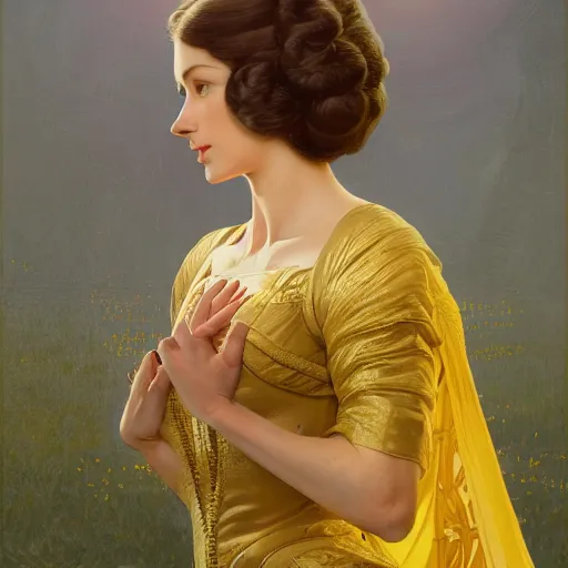 Image similar to kneeling before a proud queen, yellow eyes, medieval art, medium shot, intricate, elegant, highly detailed, digital painting, volumetric light, artstation, concept art, smooth, sharp focus, illustration, art by Gil Elvgren and Greg Rutkowski and Alphonse Mucha, 8K