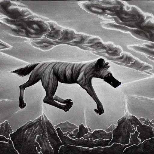 Prompt: escher oil painting of a giant hyena made of electricity, leaping through the sky, apocalyptic