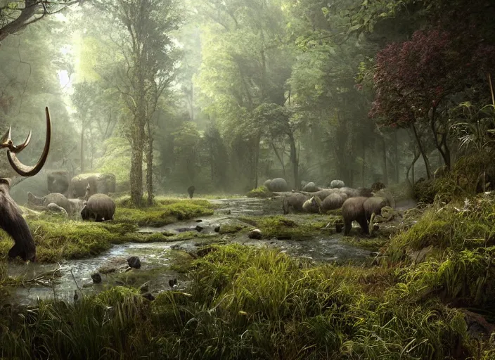 Image similar to hyperrealism, detailed textures, photorealistic, 3 d render, a surreal mystical forest with a bright winding creek with a herd of wooly mammoths grazing, ultra realistic cinematic, intricate, cinematic light, concept art, illustration, art station, unreal engine