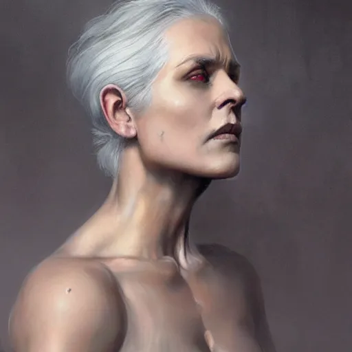 Prompt: painting of a beautiful grey haired girl with muscles, by tom bagshaw, greg rutkowski, wlop