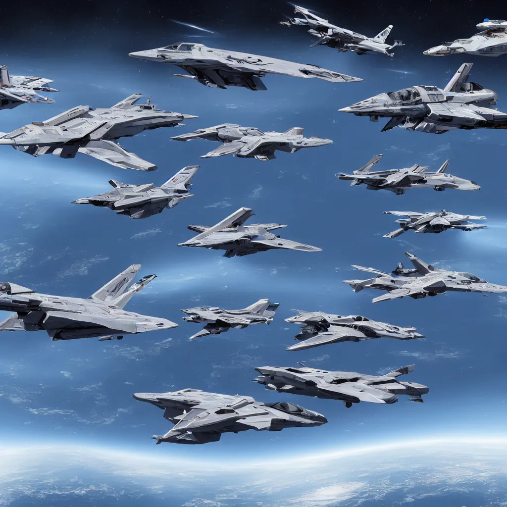 Image similar to fleet of fighter spacecrafts, hyper realistic, 4 k