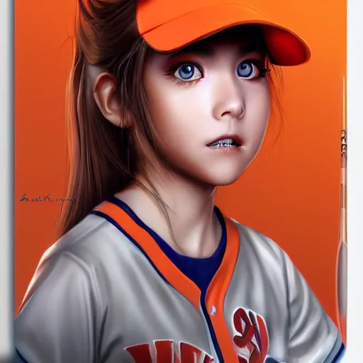 Image similar to A young girl with orange eyes wearing an orange baseball uniform, matte painting by Artgerm