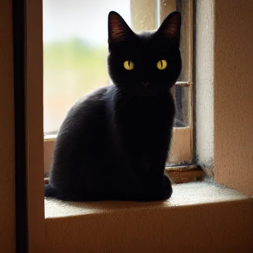 Image similar to peaceful dreamy painting of a content black cat sitting by a window, sunshine coming through the window, small plants on the window sill, 4k resolution, highly detailed