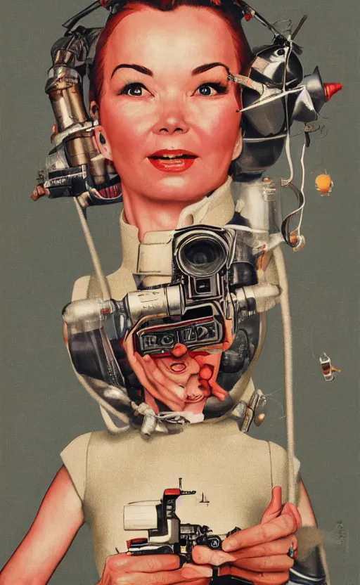 Prompt: head and shoulders portait of bjork holding a retro ray gun and wearing an unpleasant leather spacesuit on Mars by norman rockwell and darek zabrocki