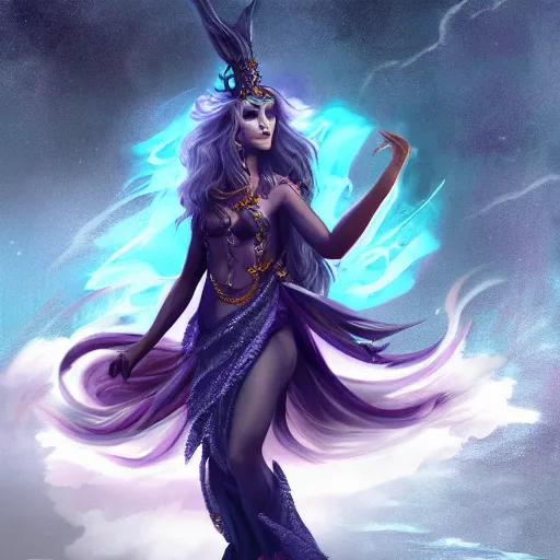 Image similar to A fantasy-like image of the Goddess of Storms, wearing an outfit made of wind and rain, by Max Hay, trending on artstation, 8k