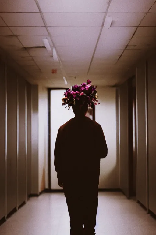 Image similar to kodak portra 4 0 0 photograph of a guy wearing a flower crown in a empty school hallway lined with lockers, back view, lens flare, moody lighting, moody vibe, telephoto, 9 0 s vibe, blurry background, grain, tranquil, calm, faded!,