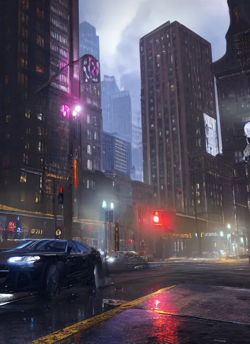 Image similar to watch dogs game, chicago city rainy detailed, soft lighting