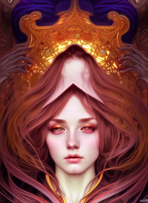 Image similar to overlord, psychedelic, portrait, highly detailed, deep focus, elegant, digital painting, smooth, sharp focus, illustration, ultra realistic, 8 k, art by artgerm and alphonse mucha