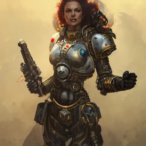 Image similar to Katherine Heigl as a warhammer 40k marine, gorgeous, beautiful, intricate, highly detailed, digital painting, artstation, oppressive lighting, concept art, sharp focus, illustration, art by greg rutkowski and alphonse mucha