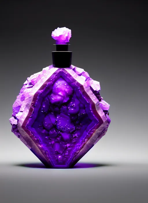 Image similar to perfume bottle in a purple geode cave, up close shot, sharp focus, global illumination, radiant light, alexandre ferra white mecha, irakli nadar, octane highly render, 4 k, ultra hd,