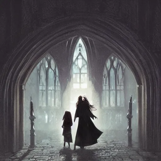 Prompt: harry potter and hermione hand in hand walking in hogwarts yard, elves around, lovely, lightly dark theme, harry potter theme, by greg rutkowski, trending on artstation