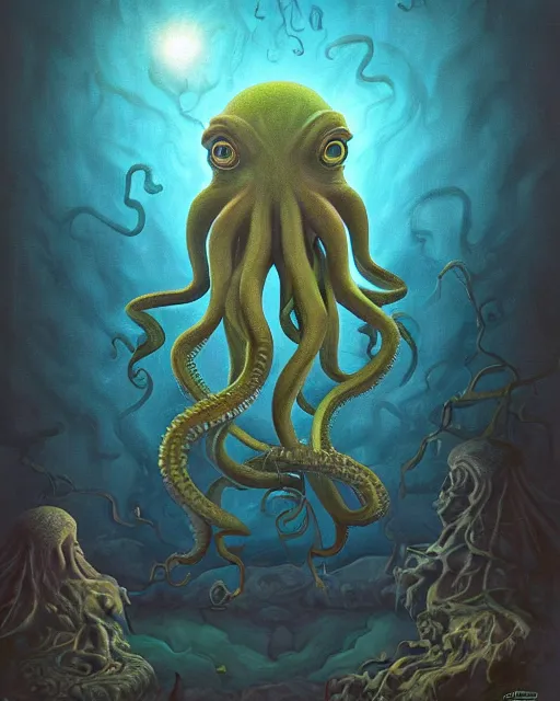 Image similar to cthulhu ， painting photoshop by mark ryden and pixar and hayao miyazaki, 8 k