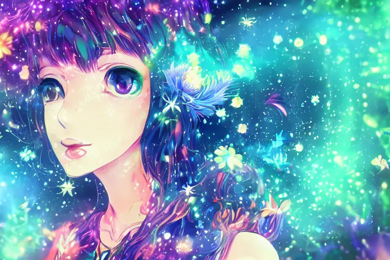 Image similar to psychedelic, full body, whimsical, anime, 4k, beautiful intimate woman blowing smoke, with professional makeup, long trippy hair, a crystal and flower dress, sitting in a reflective pool, surrounded by gems, underneath the stars, rainbow fireflies, trending on patreon, deviantart, twitter, artstation, volumetric lighting, heavy contrast, art style of Ross Tran and Viktoria Gavrilenko and Ilya Kuvshinov
