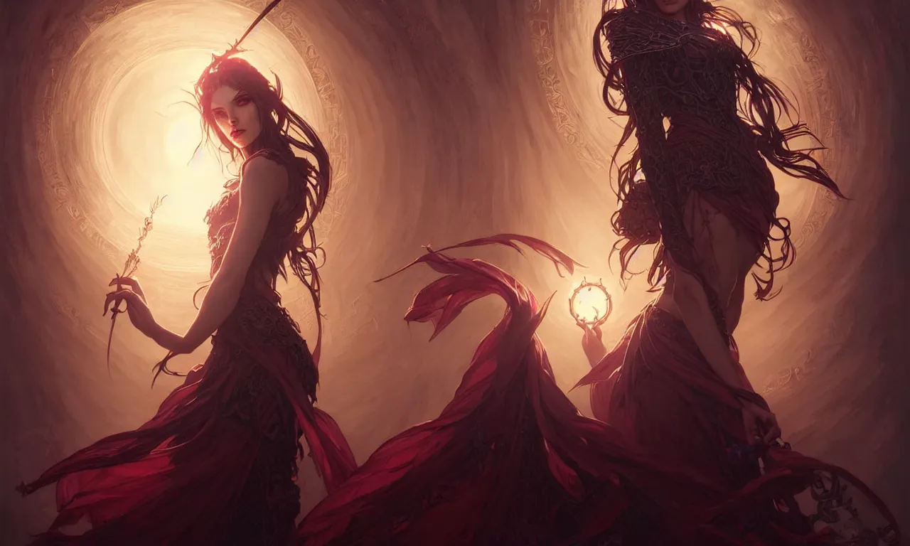 Image similar to Necromancer Sorceress in center, fantasy magic, undercut hairstyle, dark light night, intricate, elegant, sharp focus, illustration, highly detailed, digital painting, concept art, matte, art by WLOP and Artgerm and Greg Rutkowski and Alphonse Mucha, masterpiece