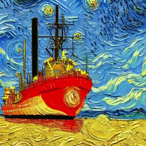 Image similar to oil painting of a fpso in the style of van gogh, natural background, trending on artstation, rough seas