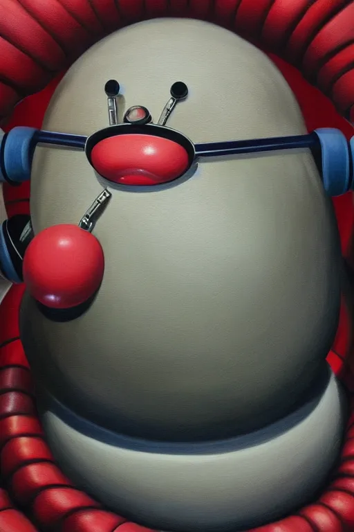 Image similar to hyperrealism surrealism acrylic painting, close - up portrait of bowling ball - with big headphones and a mime sweater, aerosol splashes on paper background, art by jeff soto