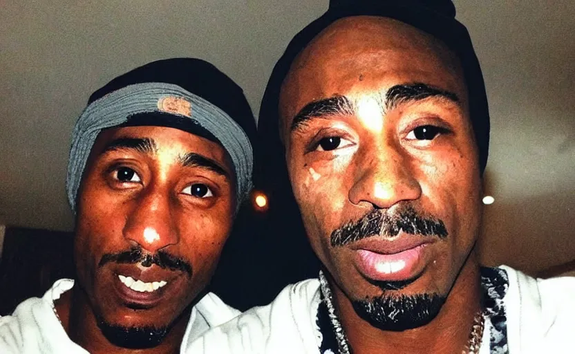 Prompt: my uncle that barely look like tupac if he was poor asf accidentally taking a selfie, front camera, camera flash is so bright in his face, viral, selfie, viral on twitter, viral on instagram, viral photo