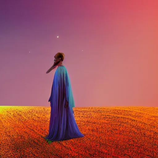 Image similar to A picture of a planet of various colors and plants, in which the human figure is dressed in something magical and impressive, inside the picture is infinity, sunset light, Atmospheric phenomenon, artistic photography, muted colors, conceptual