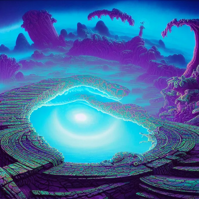 Image similar to mysterious eyeball hovers over mythical crystal temple, fractal waves, synthwave, bright neon colors, highly detailed, cinematic, tim white, michael whelan, roger dean, bob eggleton, lisa frank, vladimir kush, kubrick, kimura, isono