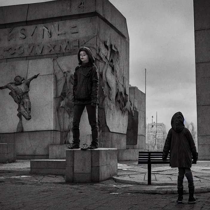 Image similar to storyboard : sadie sink in hoodie sits on bench in ruined square, pedestrians walk by, soviet monument and propaganda posters. scifi cyberpunk. by gabriel hardman. cinematic atmosphere, detailed and intricate, perfect anatomy