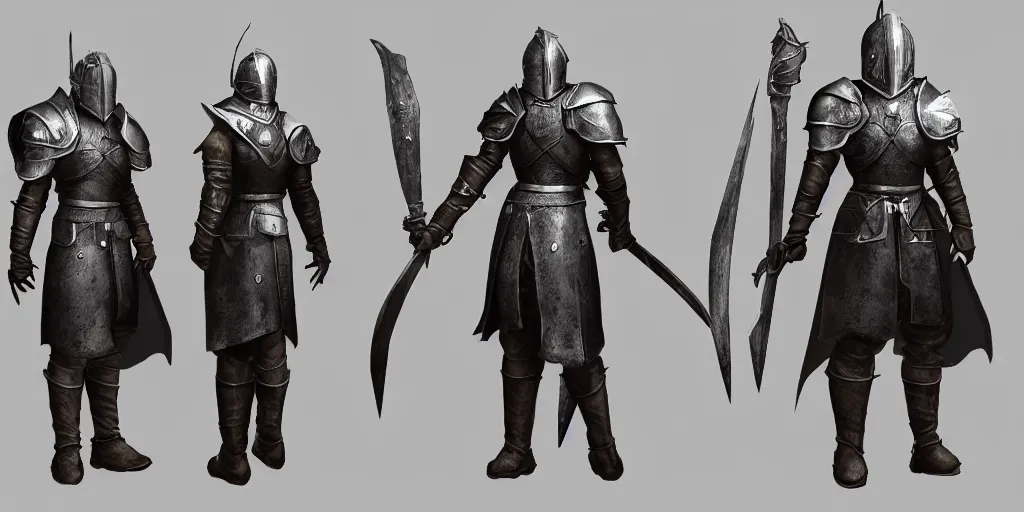 Prompt: RPG game character sheet for a character that looks like a knight, wearing armor, HDR, 4k, 8k, extremely detailed, final fantasy style, includes different angles of the character to use when they turn in the game