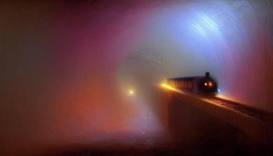 Image similar to a train driving through a psychedelic tunnel, by ivan aivazovski,