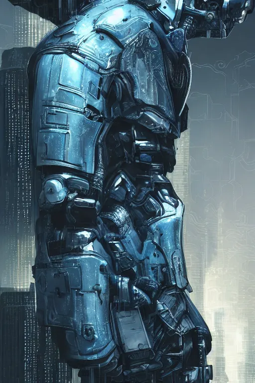 Image similar to ultra realist and ultra intricate detailed soft painting of a cyberpunk sci-fi armored male, from the waist up, porcelain skin, symmetry features, glowing blue eyes, sensual gloomy style, volumetric clouds, cyberpunk window overlooking earth in background, artstation, unreal render, depth of field