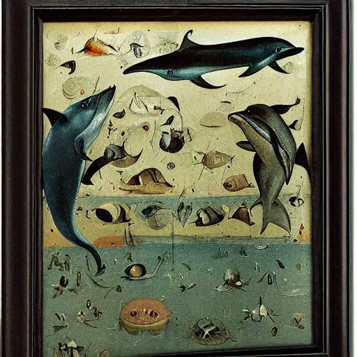 Image similar to a deep lake filled with fish people, dolphins, flippers hybrid half man half fish, flying and eating frogs, by hieronymus bosch