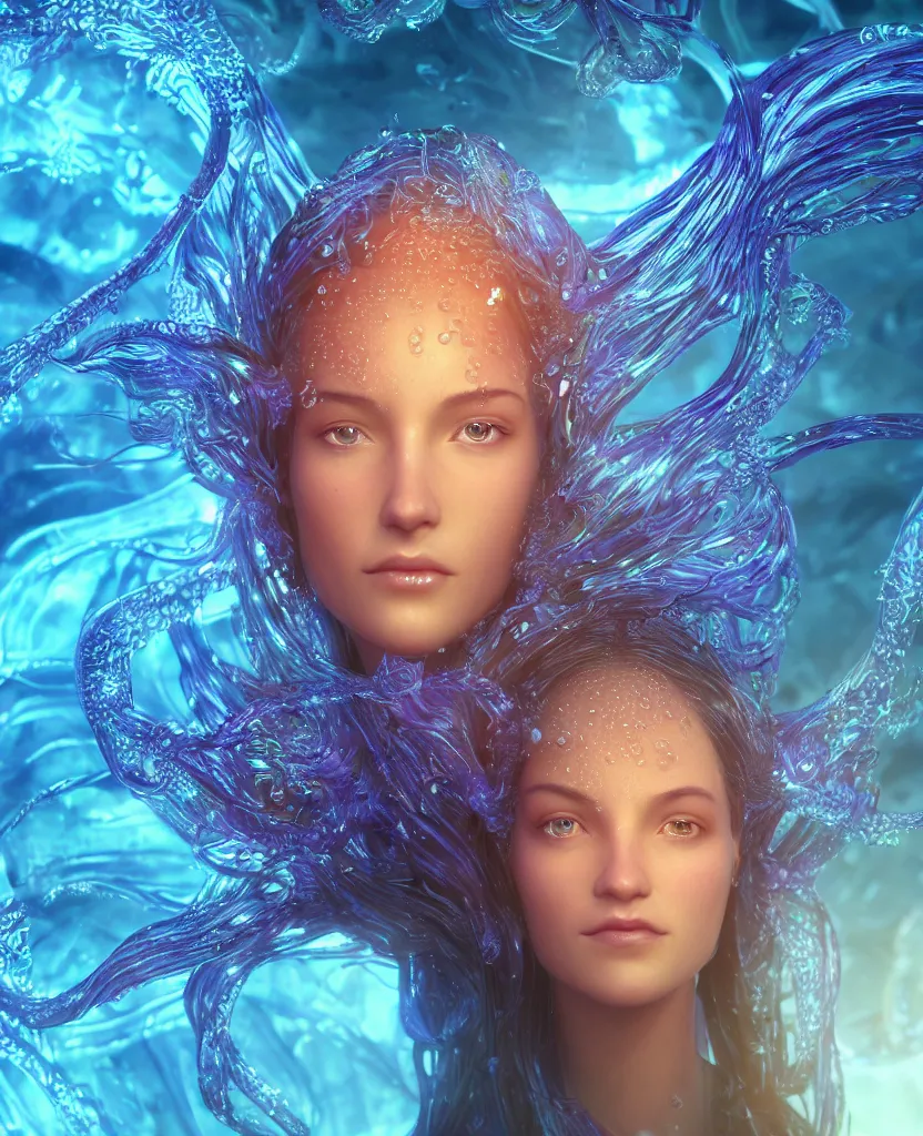 Image similar to close-up macro portrait of the face of a beautiful princess, epic angle and pose, symmetrical artwork, 3d with depth of field, blurred background, cybernetic jellyfish female face skull phoenix bird, translucent, nautilus, energy flows of water and fire. a highly detailed epic cinematic concept art CG render. made in Maya, Blender and Photoshop, octane render, excellent composition, cinematic dystopian brutalist atmosphere, dynamic dramatic cinematic lighting, aesthetic, very inspirational, arthouse. y Greg Rutkowski, Ilya Kuvshinov, WLOP, Stanley Artgerm Lau, Ruan Jia and Fenghua Zhong