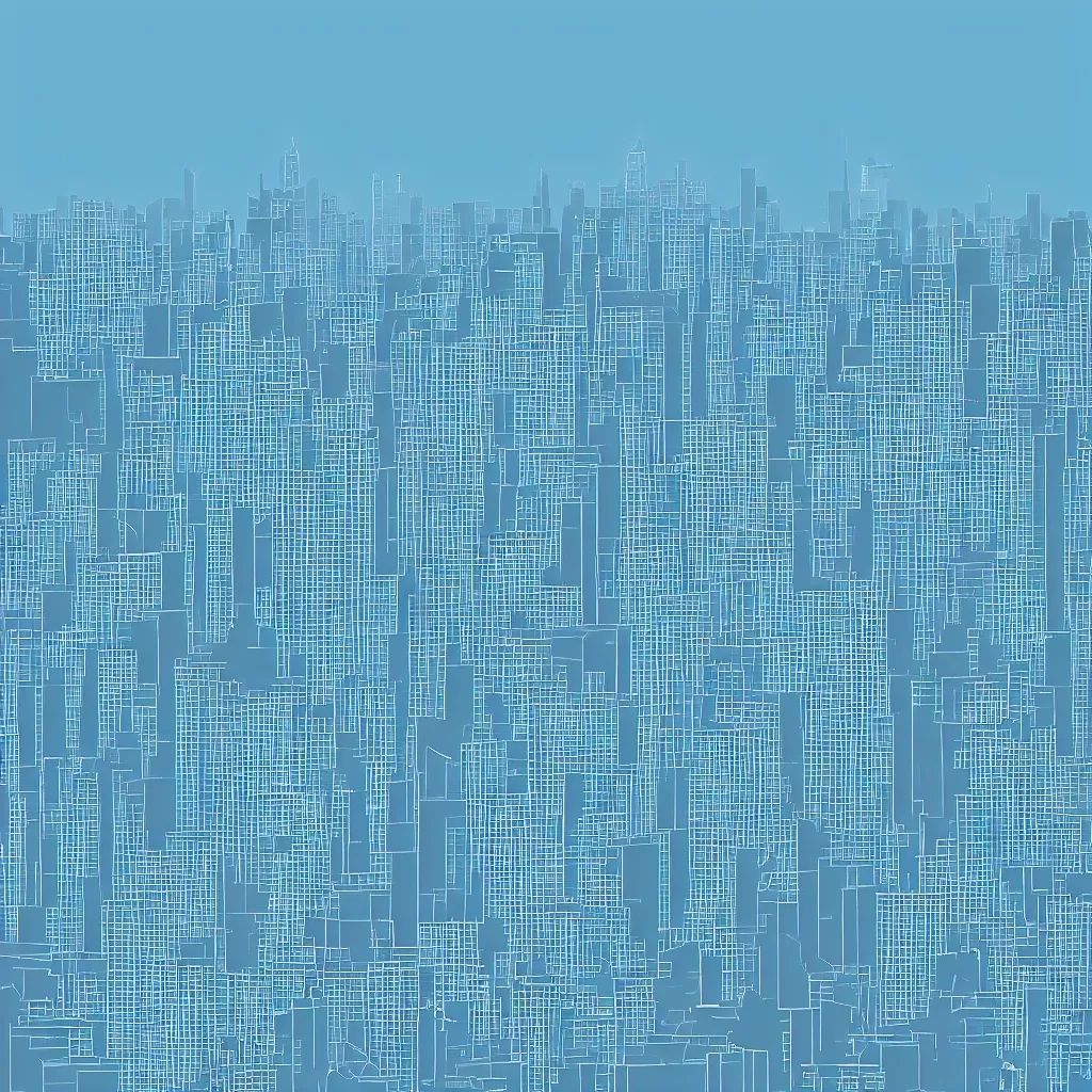 Image similar to ery clean material design poster with futuristic city on the horizon. buildings have reserford's atom on top