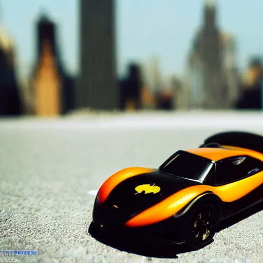 Prompt: 3 5 mm photo of black batmobile batman car like hot wheels model with new york city as background