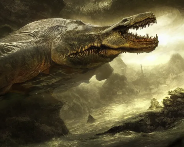 Prompt: a creepy underwater image of a t - rex lurking in the depths waiting to attack, matte painting, ultra wide shot, sharp focus, wallpaper art, dramatic lighting, artwork by shan qiao, albert bierstadt and murata ranga