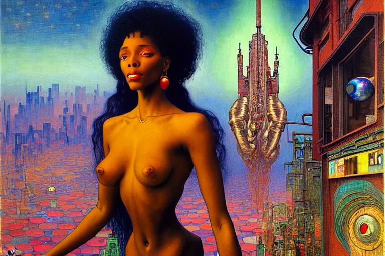 Image similar to realistic extremely detailed portrait painting of a beautiful black woman with a robot, city street on background by Jean Delville, Amano, Yves Tanguy, Ilya Repin, Alphonse Mucha, Ernst Haeckel, James C. Christensen, Edward Robert Hughes, Roger Dean, rich moody colours