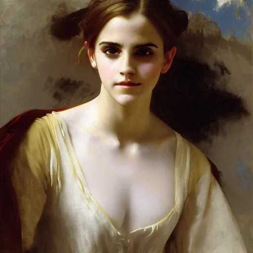 Image similar to Portrait of Emma Watson, by William Adolphe Bouguereau, John Singer Sargent, Vermeer, serene