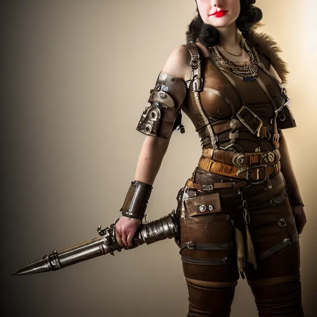 Image similar to full length photo of a very beautiful female dieselpunk warrior, 8 k, hdr, smooth, sharp focus, high resolution, award - winning photo