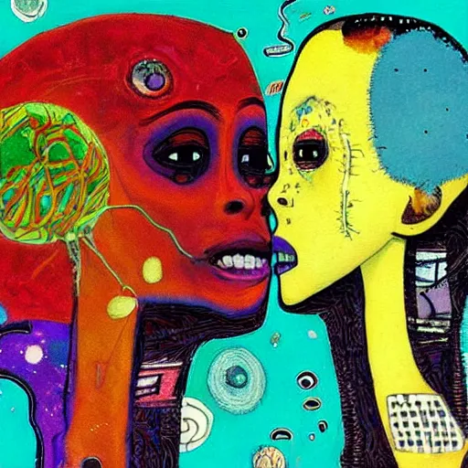 Image similar to beautiful painting of two bizarre psychedelic women kissing each other closeup on an alien planet, speculative evolution, mixed media collage by basquiat and junji ito, magazine collage art, psychedelic illustration, sapphic art, lesbian art